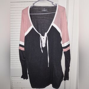 Cute plus size long sleeve gray and pink T Shirt